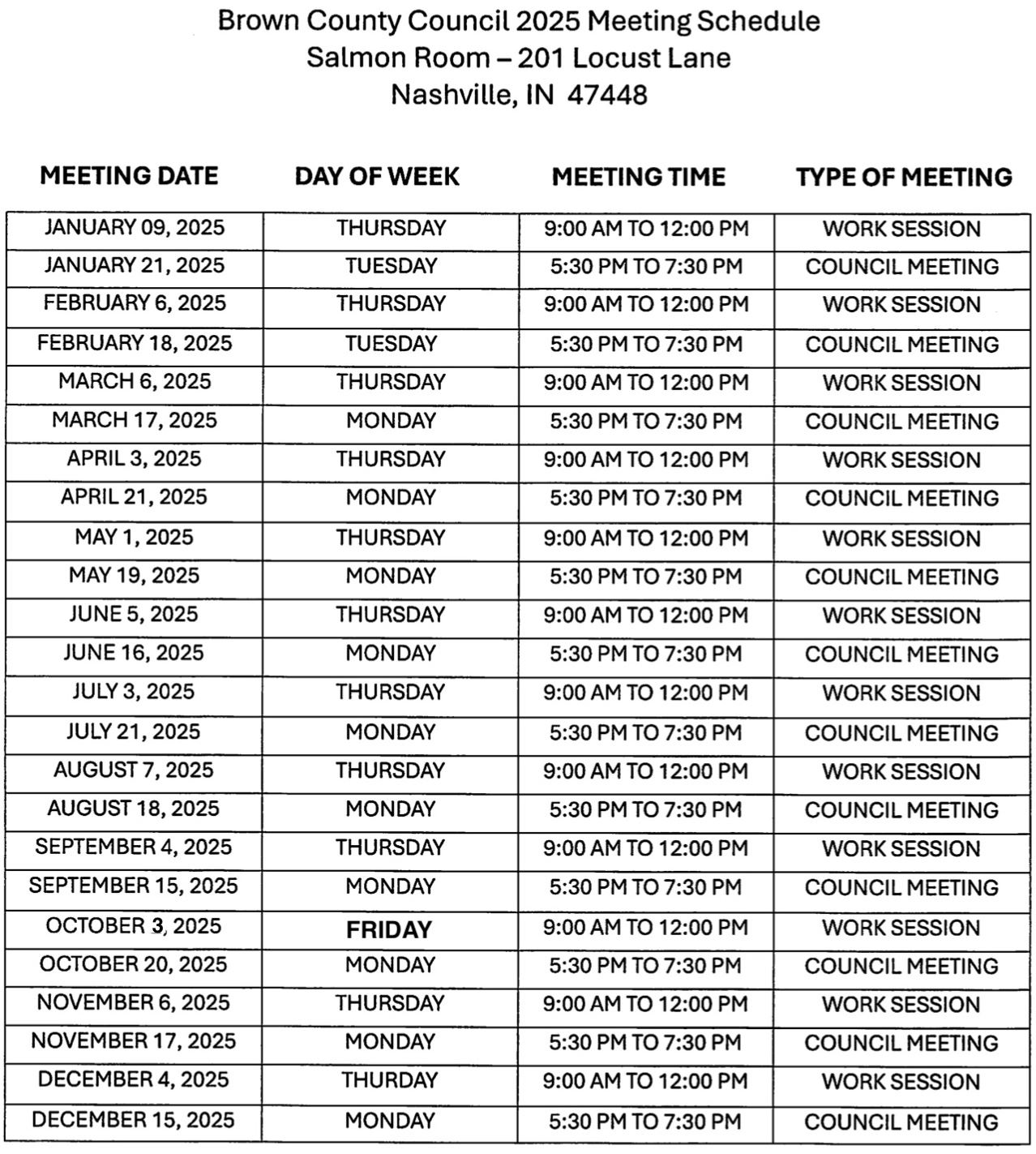 2025 Council Meeting Schedule Rev